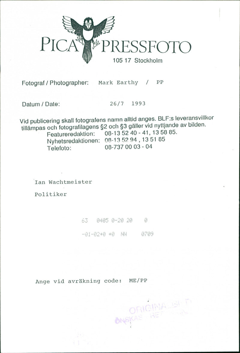 Ian Wachtmeister, politician, - Vintage Photograph