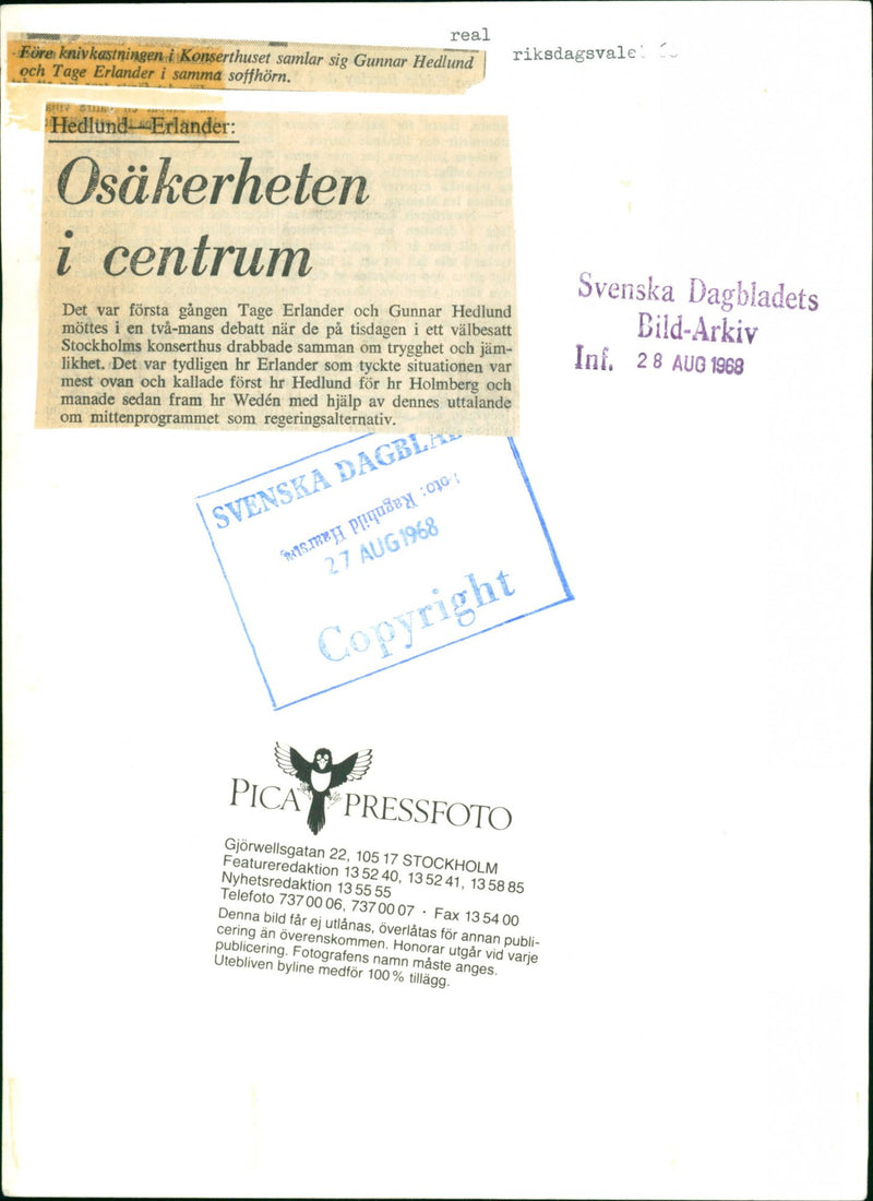 Concert Hall, Gunnar Hedlund, and Tage Erlander - Vintage Photograph