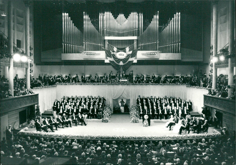 Nobel prize giving ceremony 1984 in Stockholm concert hall. - Vintage Photograph