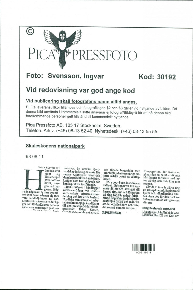 1998 NATURE RESERVED PROTECTED TELEPHONE SWEDEN PICA RESPONSIB - Vintage Photograph