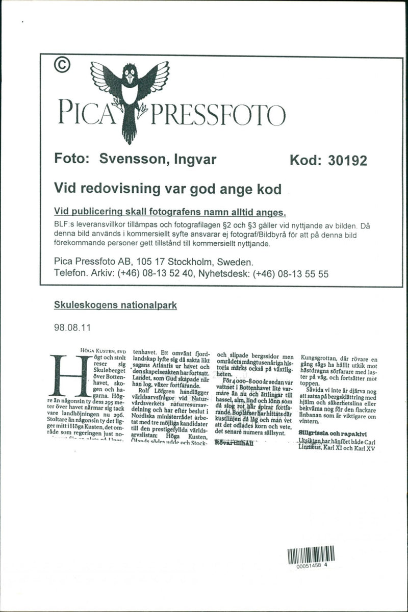 1998 NATURE RESERVED PROTECTED TELEPHONE SWEDEN PICA RESPONSIB - Vintage Photograph