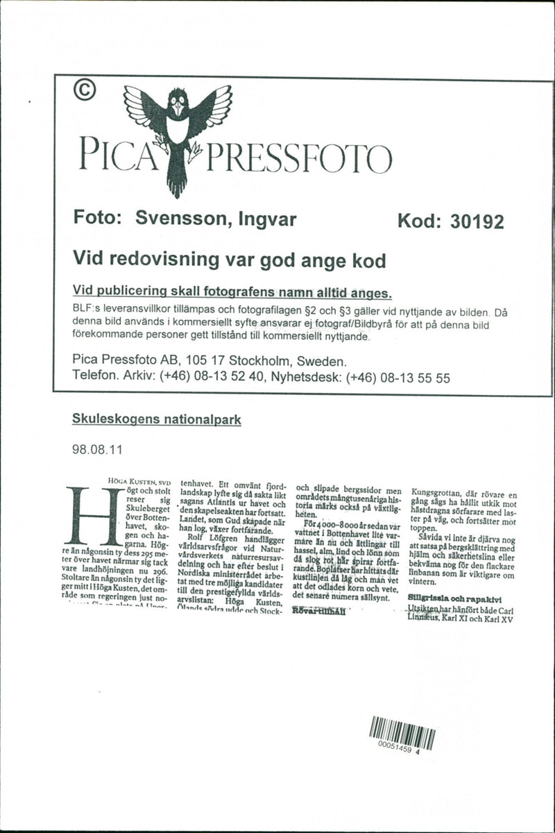 1998 NATURE RESERVED PROTECTED TELEPHONE NATIONAL SWEDEN PICA - Vintage Photograph