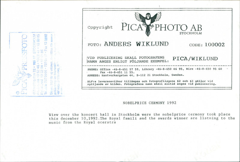 A view over the concert hall during 1992 Nobel Prize award ceremony - Vintage Photograph