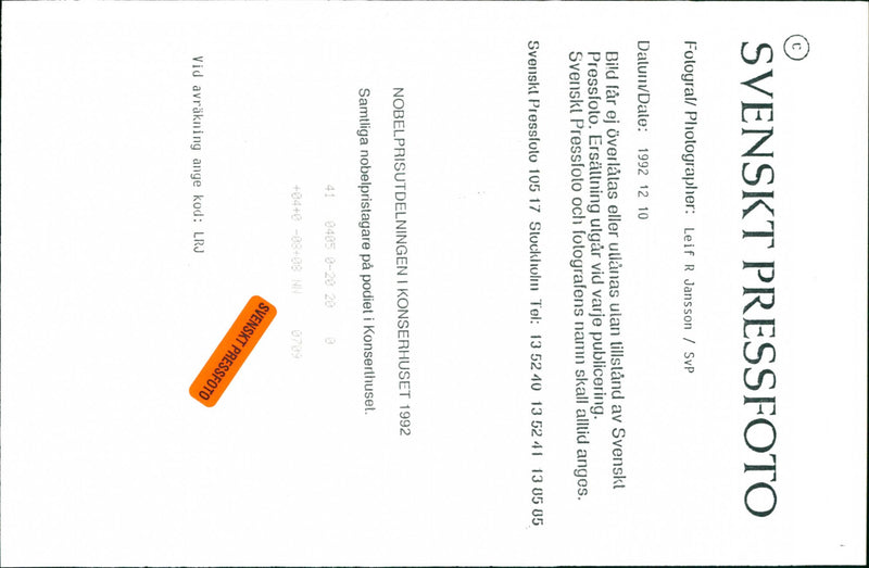 All 1992's Nobel laureates on the podium in the Concert Hall - Vintage Photograph