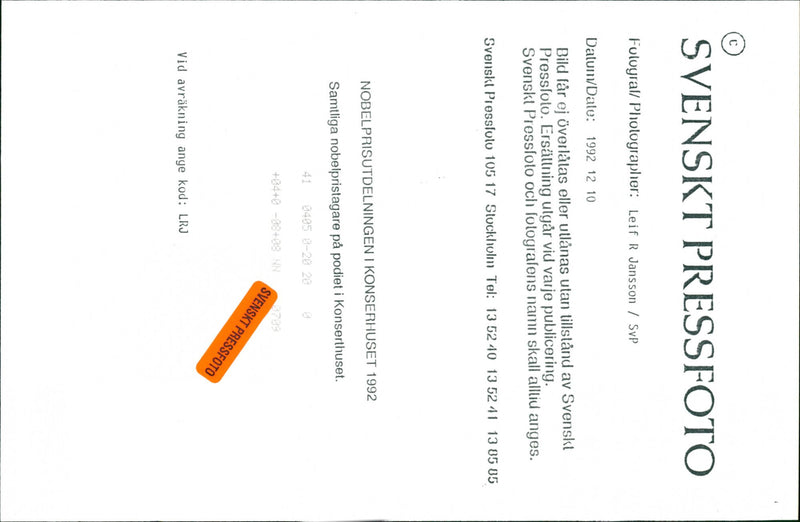 All 1992's Nobel laureates on the podium in the Concert Hall - Vintage Photograph