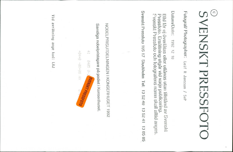 All 1992's Nobel laureates on the podium in the Concert Hall - Vintage Photograph