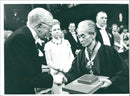 King Gustaf VI Adolf presents this year's Nobel Prize in Literature to Japanese writer Yasunari Kawabata - Vintage Photograph