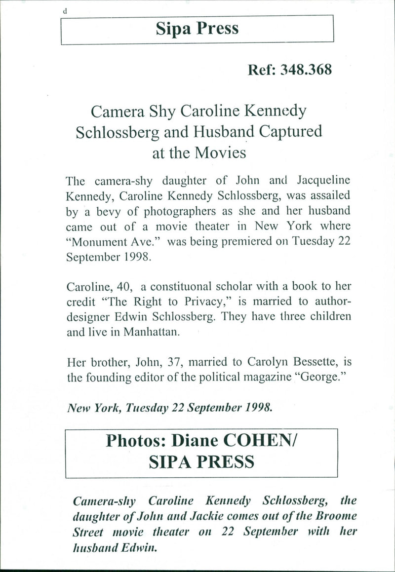 Caroline Kennedy Schlossberg, was assailed by a bevy of photographers as she and her husband came out of a movie theater in New York. - Vintage Photograph