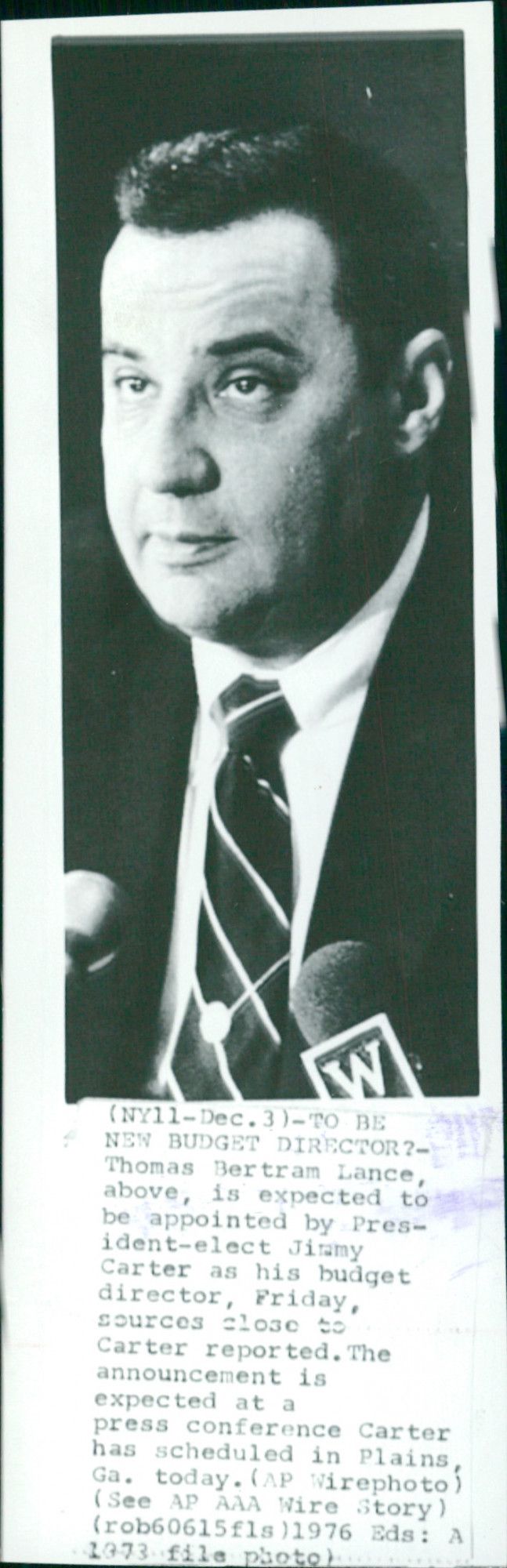 Thomas Bertram Lance, above is expected to be appointed by President-elect Jimmy Carter as his budget director, sources close to Carter reported. - Vintage Photograph