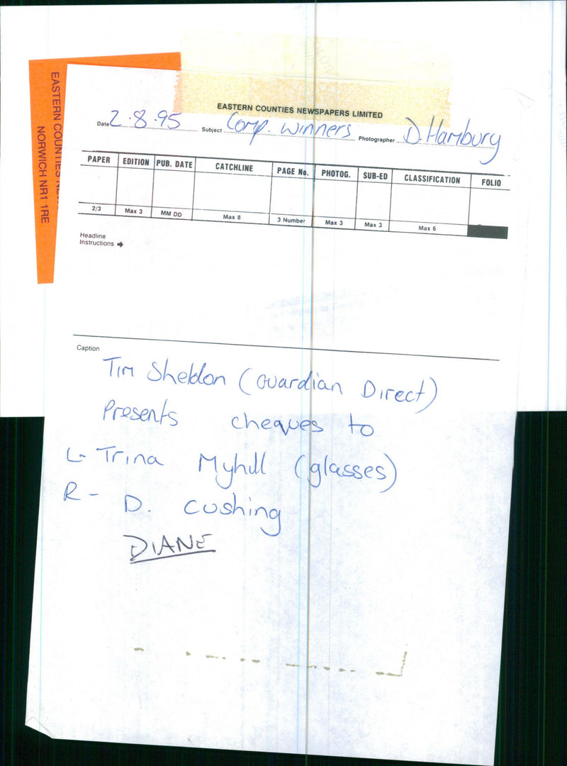 Tim Sheldon presents cheques to Trina Myhill and D. Cushing - Vintage Photograph