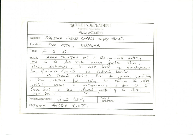 Greenwich Nature Garden - Vintage Photograph