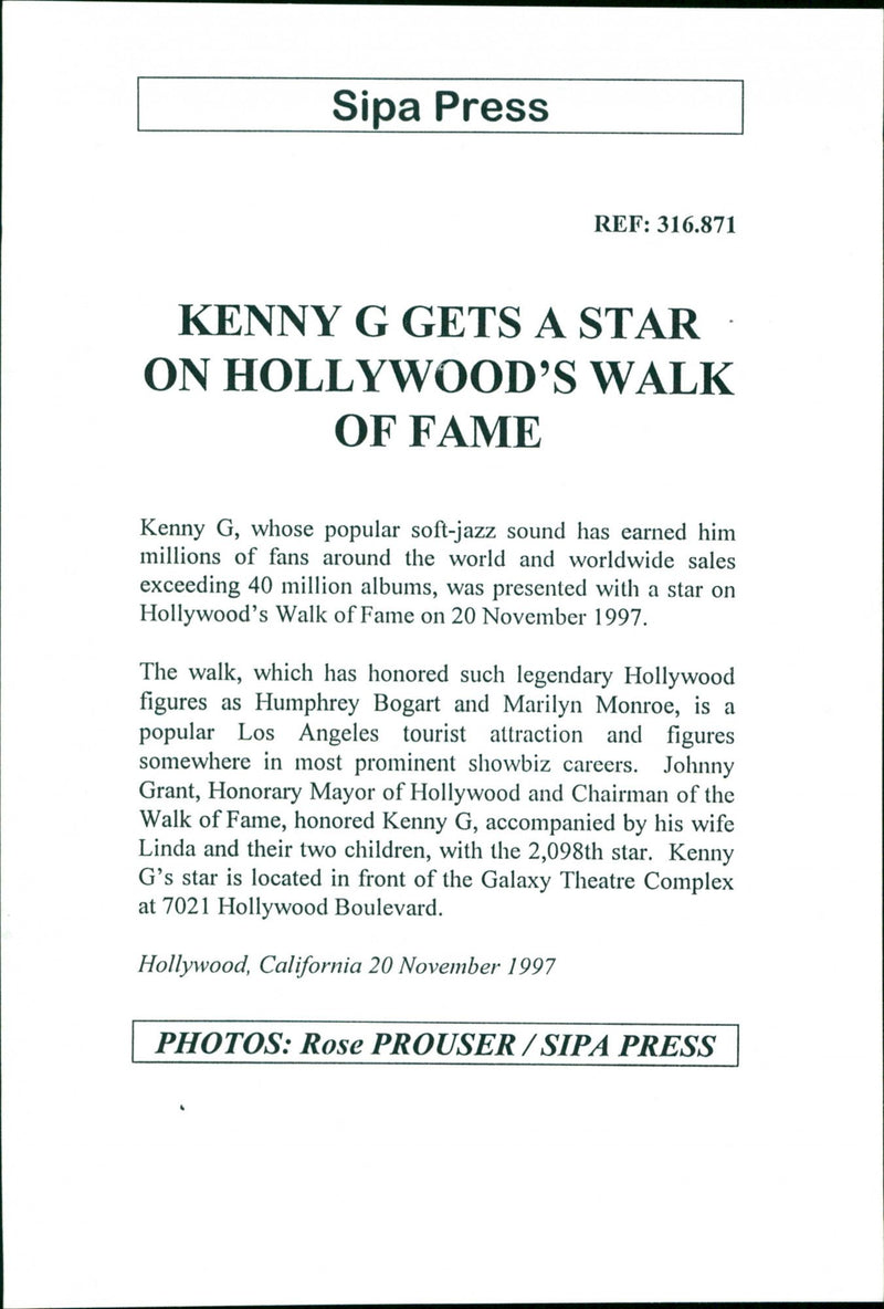 American Musician and Saxophonist Kenny G's Star on Hollywood Walk of Fame - Vintage Photograph
