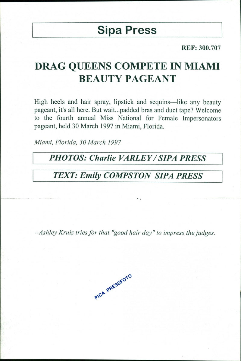 1997 NATIONAL BEAUTY PROGRESS BUT SPRAY PAGEANT MIAMI LIP PRESS - Vintage Photograph