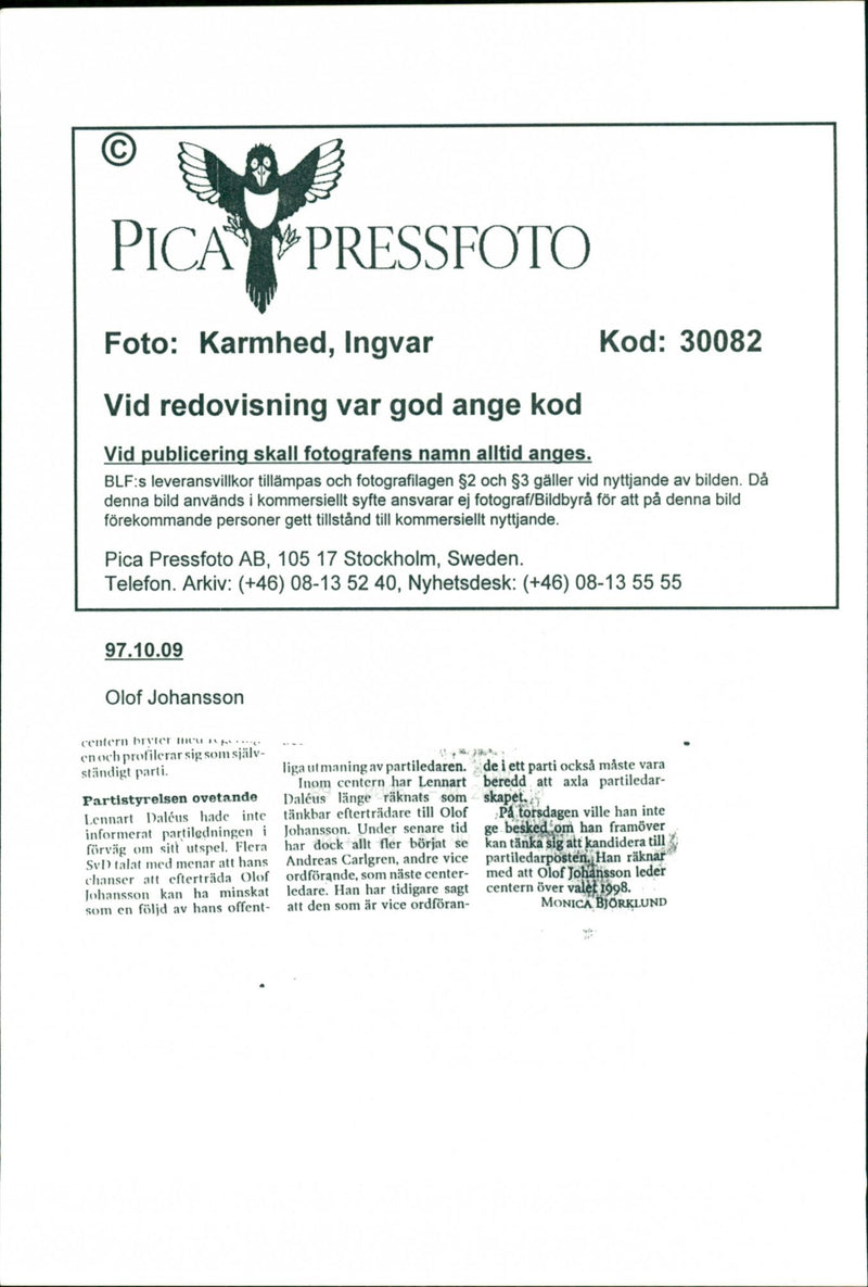 Olof Johansson, Politician - Vintage Photograph