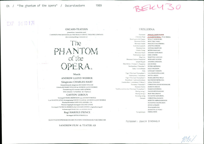 1989 THEATER LITTER ITS AND HENRIKSSON JANERIK CHARLES OPERA FILM DAVID PRINCE - Vintage Photograph