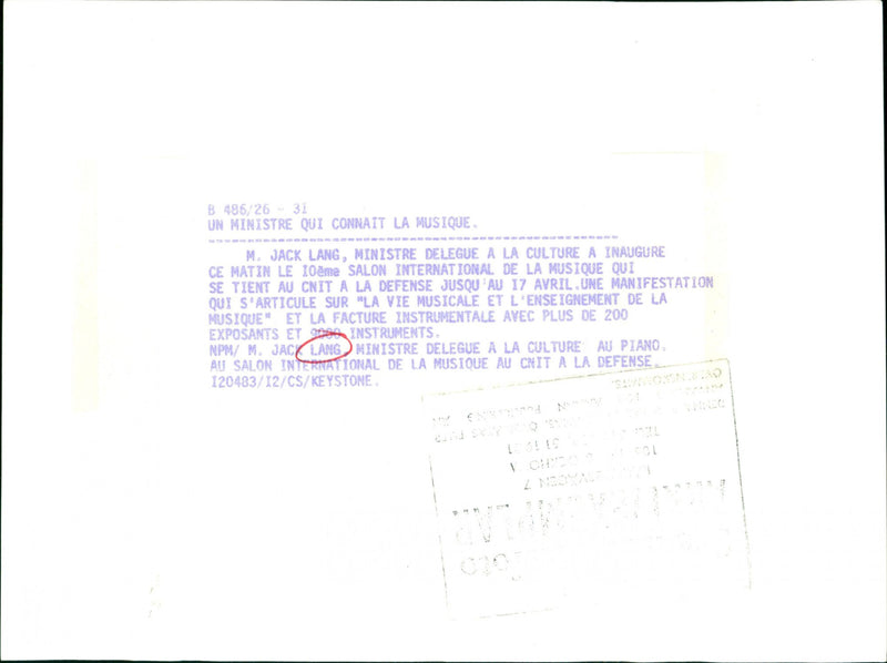 France's Minister of Culture Jack Lang plays the piano
at the International Music Fair - Vintage Photograph