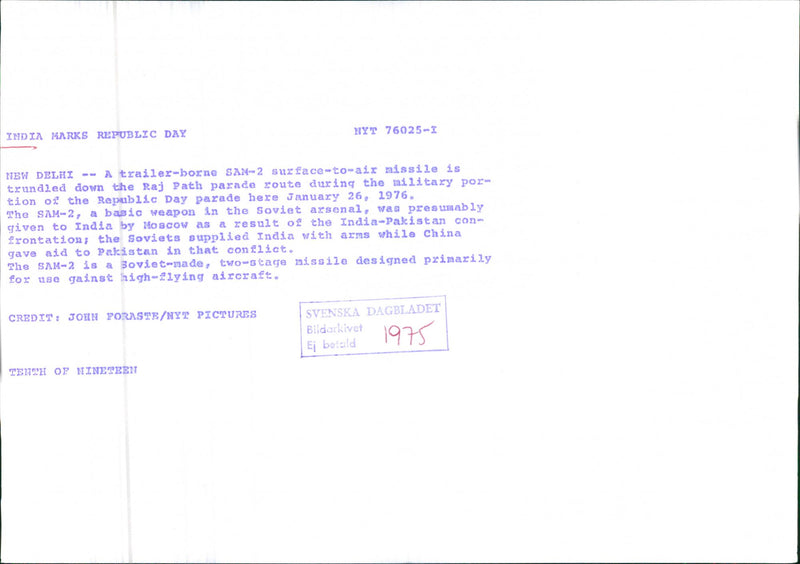 A trailer with a SAM-2 surface-to-air missile shows up in the military section of the Republic Day parade in New Delhi - Vintage Photograph