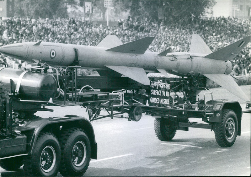 A trailer with a SAM-2 surface-to-air missile shows up in the military section of the Republic Day parade in New Delhi - Vintage Photograph