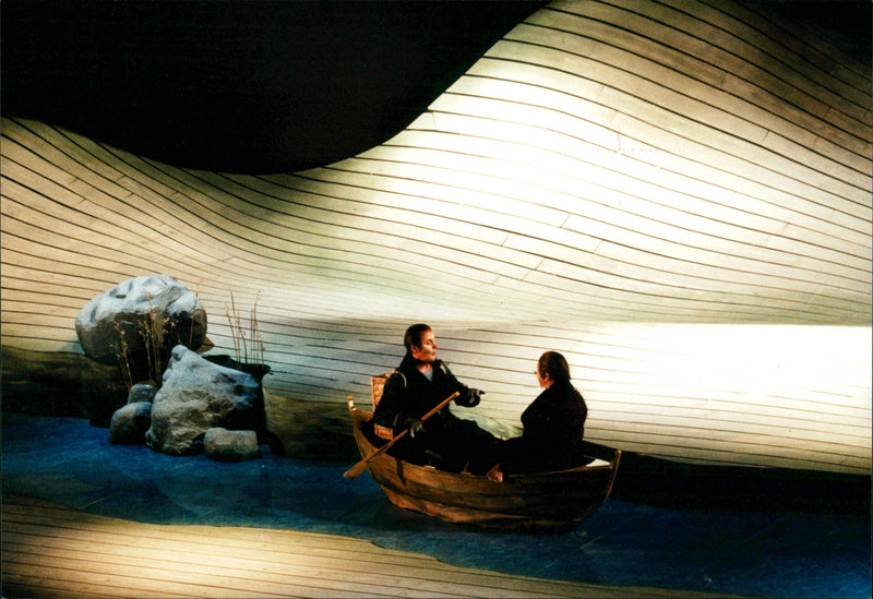 It sizzles in the screen. From wood and plexiglass Lars Ãstbergh at Stockholm's big stage has created the landscape where RÃ¥ttentÃ¥tt (Peter Haber) invites Mullvad (Ingvar Hirdvall) on a boat excursion - Vintage Photograph