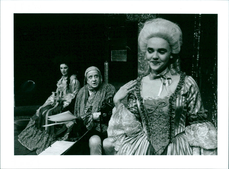 Beaumarchais or Figaro's Birth. Premiere at Upsala City Theater. Anita HeikkilÃ¤ as Marie Antoinette, Tommy Nilson as Duke de Richelieu and Ann-Sofie Rase as Duchess de Polignac - Vintage Photograph