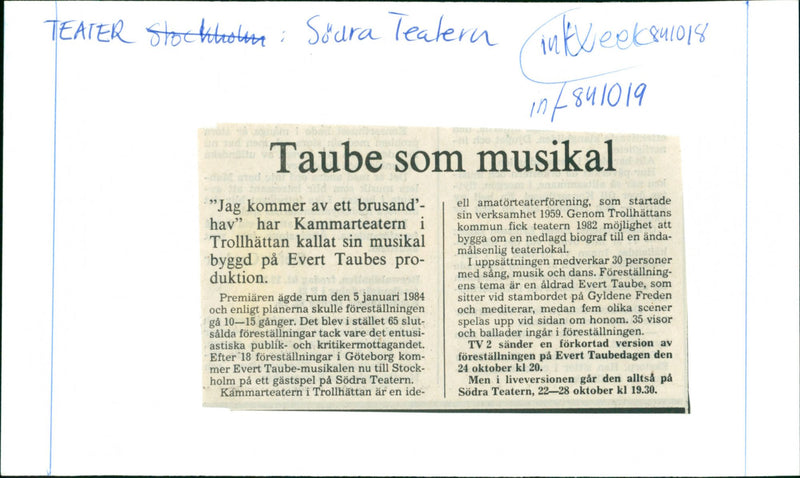 Evert Taube musical "I come from a roaring 'sea' at SÃ¶dra Teatern - Vintage Photograph