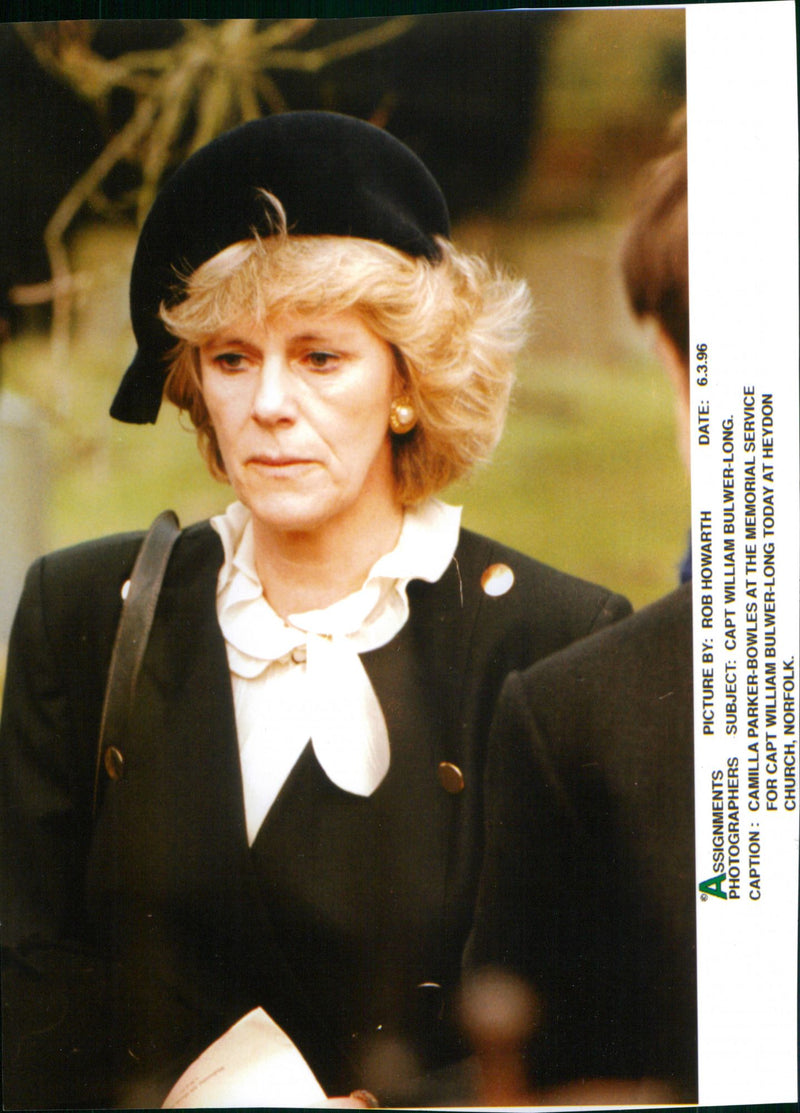 Camilla Parker-Bowles at the memorial service for Capt. William Bulwer-Long at Heydon Church - Vintage Photograph