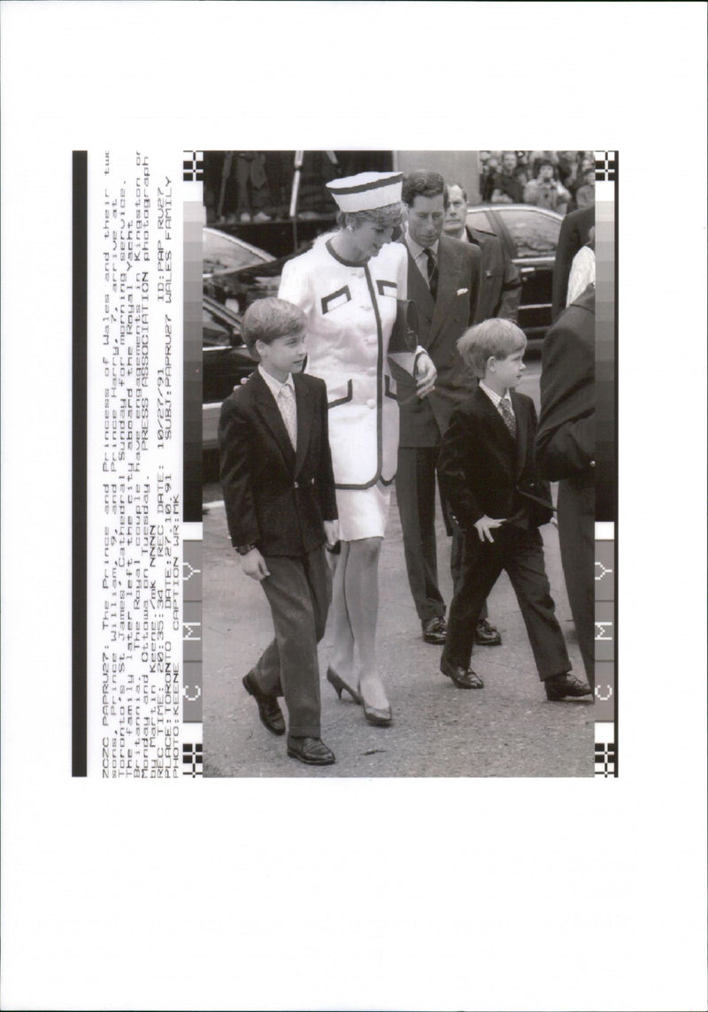 Charles, Prince of Wales with Princess Diana and their two sons Prince William and Prince Harry at St. James' Cathedral - Vintage Photograph