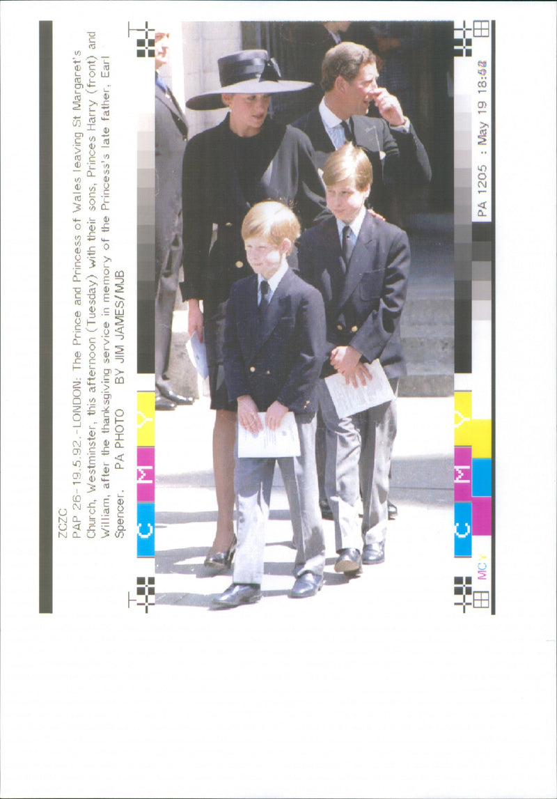 Charles, Prince of Wales and Princess Diana with their sons Prince William and Prince Harry at St. Margaret's Church - Vintage Photograph
