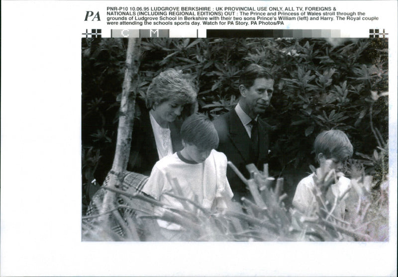 Prince Charles and Princess Diana and their two sons Prince William and Prince Harry at Ludgrove School - Vintage Photograph