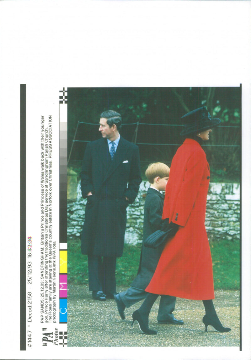 Charles, Prince of Wales and Princess Diana with their son Prince Harry at Sandringham Parish Church - Vintage Photograph