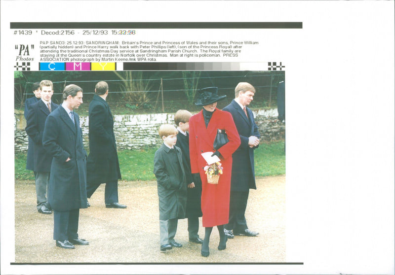 Prince Charles and Princess Diana and their sons Prince William, Prince Harry with Peter Phillips at Sandringham Parish Church - Vintage Photograph