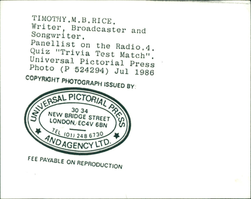 Timothy Rice
Writer, Broadcaster, Songwriter - Vintage Photograph