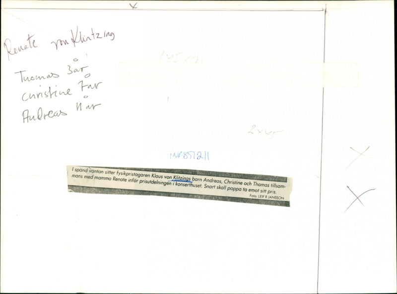 Klaus von Klitzing's children Andreas, Christine and Thomas and his wife Renate await the Nobel Prize ceremony in the concert hall. - Vintage Photograph