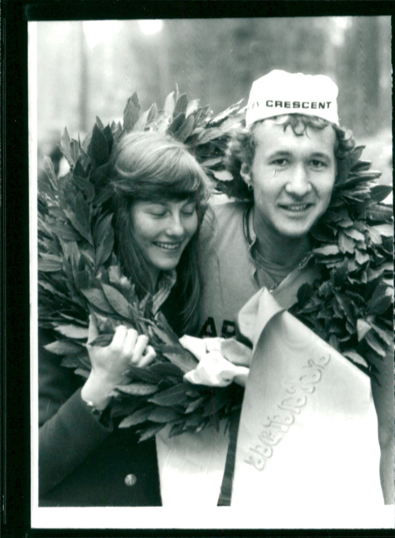 The winner of the Skandisloppet in Uppsala, Tomas Eriksson is celebrated by crane hill Kate Hansen - Vintage Photograph