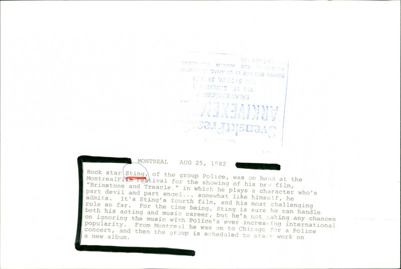 Stitch at the screening of "Brimstone and Treacle" at the Montreal Film Festival - Vintage Photograph