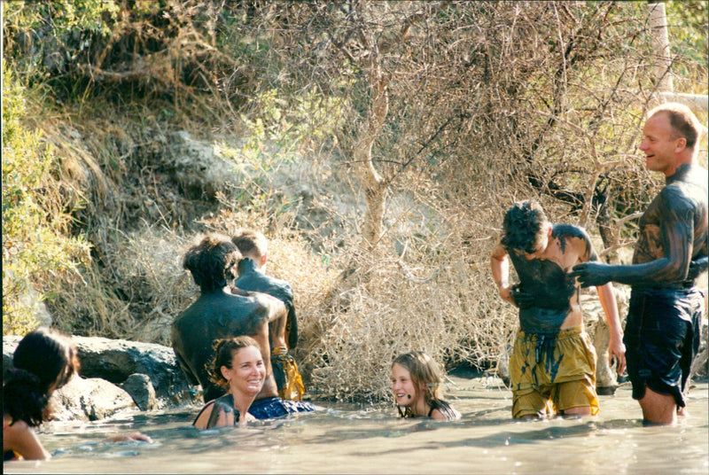 Dustin Hoffman and Sting with families get mud in Turkey - Vintage Photograph