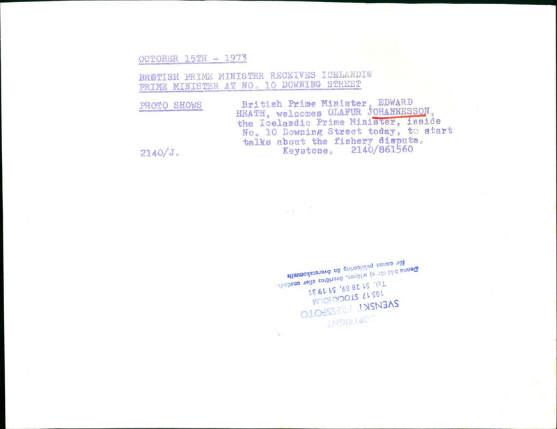 Olafur Johannesson politician, Prime Minister Iceland visits 10 Downing Street - Vintage Photograph