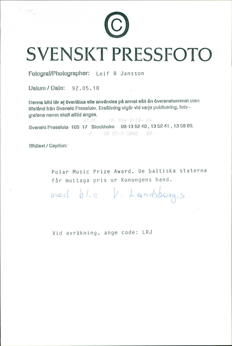 1992 OTHE SOT SWEDEN GAPH STATES SWEDISH IMAG LEIF JANSSON POLAR PRIZE MUSIC - Vintage Photograph
