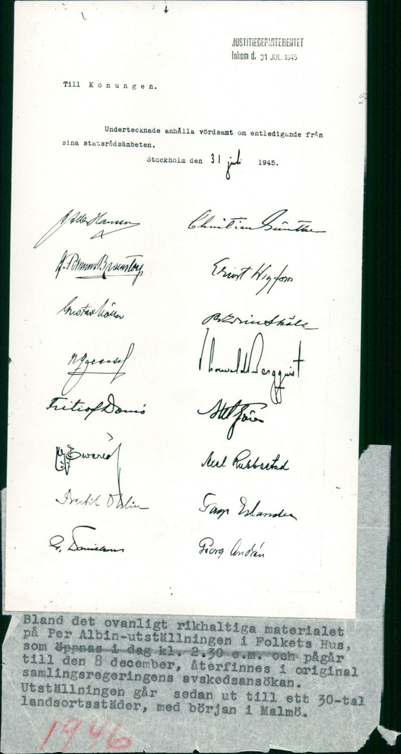 Photograph of the Federal Government's resignation application with the Government's signatures dated July 31, 1945 - Vintage Photograph
