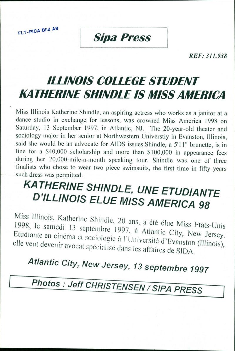 Miss Illinois Katherine Shindle wins Miss America - Vintage Photograph