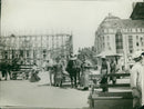 Stockholm: Krook's hat-clad horses and in the background Dramatic Theater under construction - Vintage Photograph