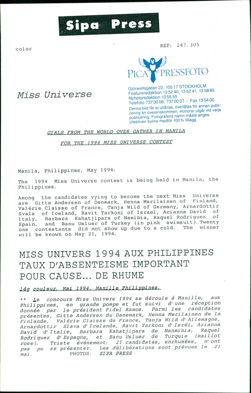 Miss Universe contest in Manila. Barbara Kahatjipara from Namibia - Vintage Photograph