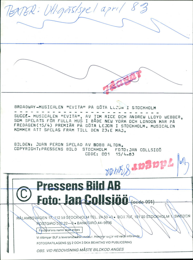 Juan Peron is played by Bobb Alton in the Broadway musical "Evita" at GÃ¶ta Lejon - Vintage Photograph