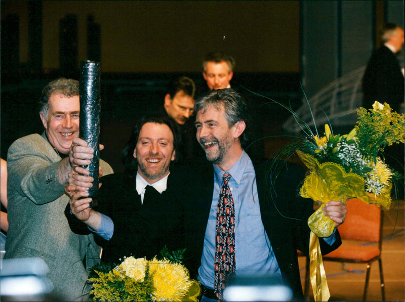 Eurovision Song Contest 1994. Winners Paul Harrington and Charlie McGettigan along with copywriter Brendan Graham - Vintage Photograph