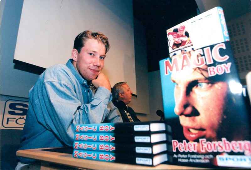 Peter Forsberg with the book about him as he wrote Hasse Andersson - Vintage Photograph