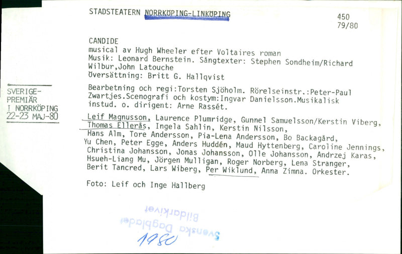 Leif Magnusson, Thomas EllerÃ¥s and Per Wiklund in the musical CANDIDE - Vintage Photograph