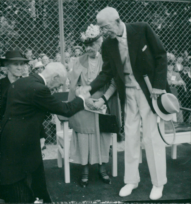 King Gustaf V inaugurates the new tennis courts in Södertälje. Mayor Pettersson greets - Vintage Photograph