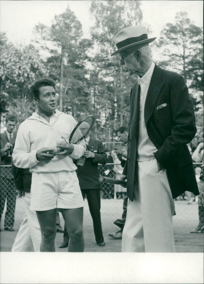 King Gustaf inaugurates the new tennis courts in Södertälje. Mr. G. with his partner Torsten Johansson - Vintage Photograph