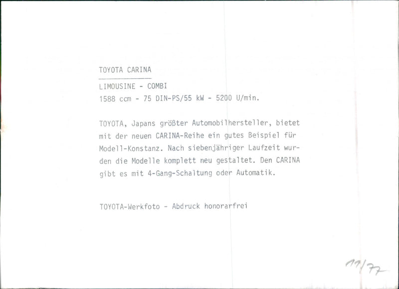 Toyota Carina Limousine 1977 - Vintage Photograph