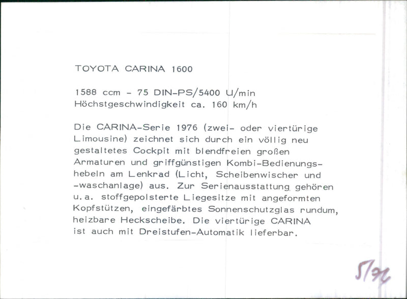 Toyota Carina 1600 - Vintage Photograph